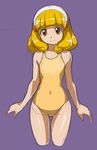  blonde_hair hairband kise_yayoi looking_at_viewer one-piece_swimsuit precure purple_background rohitsuka short_hair simple_background sketch smile smile_precure! solo swimsuit white_hairband yellow_eyes yellow_swimsuit 