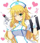  ;) ahoge blonde_hair blush breasts clipboard gloves green_eyes hat heart holding holding_syringe hoshii_miki idolmaster idolmaster_(classic) long_hair medium_breasts nurse nurse_cap one_eye_closed pen raiou smile solo syringe upper_body white_gloves 