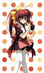  absurdres blue_eyes bow comic_party hair_bow hand_on_hip highres mitsumi_misato one_eye_closed red_hair solo takase_mizuki thighhighs wrist_cuffs yellow_bow 