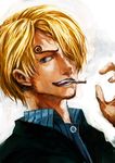  blonde_hair blue_eyes buttons cigarette facial_hair formal goatee grin hair_over_one_eye lack male_focus one_piece realistic sanji shirt smile smoking solo striped striped_shirt suit 