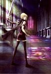  absurdres alternate_costume artist_request bare_shoulders blonde_hair cape clare_(claymore) claymore claymore_(sword) highres short_hair silver_eyes solo sword thighhighs weapon 
