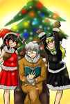  2girls alternate_costume anger_vein angry annoyed arms_up bare_shoulders black_hair blonde_hair blue_eyes book breasts chair christmas christmas_tree closed_eyes enokuma_uuta grey_hair hakurei_reimu hat irritated kirisame_marisa laughing long_hair medium_breasts mittens morichika_rinnosuke multiple_girls pointing ribbon santa_costume santa_hat short_hair sitting skirt smile snow snowflakes standing touhou tree 