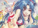  absurdres blue_hair bottle breasts brown_eyes chidori_kaname cleavage evian exercise full_metal_panic! highres large_breasts long_hair one_eye_closed product_placement scan shikidouji smile solo sweat wallpaper water_bottle 