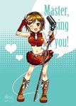  boots breasts brown_eyes brown_hair caffein cleavage fingerless_gloves gloves headphones heart large_breasts meiko microphone microphone_stand midriff navel one_eye_closed ribbon sakine_meiko short_hair skirt smile solo vintage_microphone vocaloid 