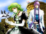  1girl bad_id bad_pixiv_id castle choker dress formal gloves green_hair gumi kamui_gakupo long_hair ponytail purple_hair sword tower vocaloid weapon yusahirari 