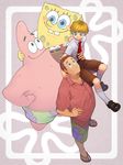  belt blonde_hair blue_eyes blush brown_hair carrying freckles from_above hands happy highres male_focus manahi multiple_boys necktie nickelodeon patrick_star personification sandals shoes shorts sitting_on_shoulder smile socks sponge spongebob_squarepants spongebob_squarepants_(character) teeth 