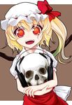  akai_ronii bad_id bad_pixiv_id blonde_hair face fangs flandre_scarlet hat headphones highres one_side_up ponytail red_eyes short_hair skull solo touhou 