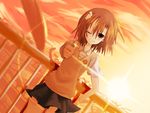  bad_id bad_pixiv_id biribiri brown_eyes brown_hair coin electricity misaka_mikoto school_uniform shizuki_sayaka short_hair skirt smile solo sunlight to_aru_majutsu_no_index 