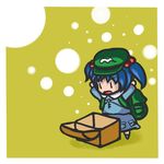  \o/ arms_up backpack bad_id bad_pixiv_id bag bfa blue_hair chibi hair_bobbles hair_ornament hat kawashiro_nitori outstretched_arms solo touhou treasure_chest two_side_up |_| 