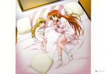  bed blonde_hair blush bunny heterochromia highres long_hair lying lyrical_nanoha mahou_shoujo_lyrical_nanoha_strikers multiple_girls non-web_source okuda_yasuhiro on_side pajamas pillow purple_eyes red_hair socks takamachi_nanoha vivio 