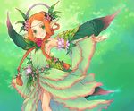  armpits avalon_code bare_legs braid detached_sleeves flower green_eyes haccan headdress long_hair mieli official_art orange_hair outstretched_arms plant pointy_ears smile solo spread_arms wide_sleeves wings 