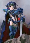  armor blue_eyes blue_hair cape copyright_request gun satou_toshiyuki solo sword weapon 