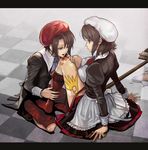  1girl agasang blood blood_sucking brother_and_sister brown_hair hands hat injury kanon_(umineko) licking maid mop pantyhose shannon short_hair siblings socks torn_clothes torn_legwear umineko_no_naku_koro_ni water 