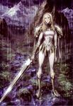  absurdres armor artist_request blonde_hair cape claymore claymore_(sword) highres long_hair miria_(claymore) rain scan silver_eyes solo sword weapon 