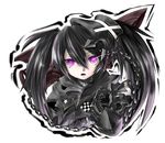  armor black_hair black_rock_shooter chain checkered fright_(hazelnut_cafe) gauntlets glowing glowing_eyes insane_black_rock_shooter long_hair pale_skin purple_eyes solo twintails 