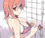  bikini_top blush breasts cleavage kusanagi_tonbo large_breasts looking_back original showering solo wet 
