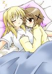  bed bed_sheet blonde_hair blush brown_eyes brown_hair closed_eyes cuddling happy hazuki_haru hidamari_sketch lying miyako multiple_girls on_back on_side pillow short_hair sleeping smile yuno yuri zzz 