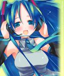  bad_id bad_pixiv_id bare_shoulders blush breasts close-up detached_sleeves green_eyes green_hair hair_ribbon hatsune_miku headphones headset large_breasts long_hair mitsu_king multicolored_hair necktie open_mouth ribbon smile solo two-tone_hair very_long_hair vocaloid 