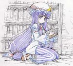  book bookshelf hat long_hair patchouli_knowledge purple_eyes purple_hair ribbon sakino_shingetsu solo touhou traditional_media 