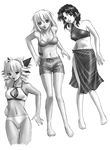  absurdres barefoot bikini breasts cleavage_cutout covered_nipples drill_hair elgala excel excel_saga fang greyscale highres hyatt lying medium_breasts midriff monochrome multiple_girls rikudou_koushi see-through sketch small_breasts swimsuit 