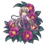  camellia carnelian flower grey_hair highres japanese_clothes kao_no_nai_tsuki kimono kuraki_yuriko long_hair purple_eyes solo 