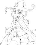  blush cape collar copyright_request fasces freckles glasses greyscale hat miniskirt monochrome pumpkin short_hair skirt solo thighhighs witch witch_hat zettai_ryouiki 