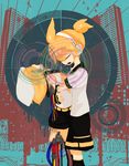  1girl bad_id bad_pixiv_id blonde_hair brother_and_sister closed_eyes hair_ribbon headphones holding kagamine_len kagamine_rin meily ribbon robot short_hair shorts siblings twins vocaloid 