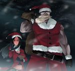  1girl black_eyes black_hair blush christmas copyright_request glasses gloves hat long_hair mille_(dieci) muscle night santa_costume santa_hat 