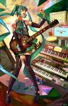  aqua_hair detached_sleeves guitar hatsune_miku headset heart instrument keyboard_(instrument) long_hair necktie skirt solo thighhighs twintails upon_thou_fair_cat very_long_hair vocaloid 