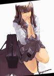  bag bigegg brown_hair closed_eyes clothes_around_waist copyright_request dutch_angle highres nail_polish one_knee photo_(object) pink_nails praying realistic school_uniform serafuku skirt solo sweater sweater_around_waist zipper 