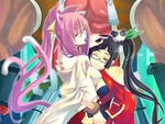  animal_ears blazblue breasts brown_eyes candy cat_ears cat_tail china_dress chinese_clothes cleavage dress food glasses iron_tager kokonoe lao_jiu litchi_faye_ling lollipop medium_breasts multiple_girls multiple_tails noran pince-nez pink_hair tail 