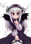  blush dress feathers finger_to_mouth frills hairband long_hair purple_eyes rozen_maiden shushing silver_hair solo suigintou torotei wings 