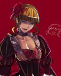  ban beatrice blonde_hair blue_eyes bow breasts chibi chibi_inset choker cleavage fangs large_breasts open_mouth pink_bow red_background sketch solo umineko_no_naku_koro_ni upper_body 