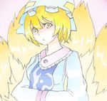  blonde_hair fox_tail hands_in_opposite_sleeves hat koke_(moromiso) long_sleeves looking_at_viewer mob_cap multiple_tails simple_background solo tail touhou white_background yakumo_ran yellow_eyes 
