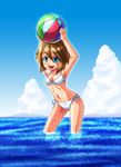  arms_up ball beachball bikini blue_eyes brown_hair day nekokuro original short_hair solo swimsuit wading water wet 