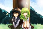  1girl against_tree bug butterfly c.c. code_geass green_hair insect lelouch_lamperouge meimi_k sleeping tree v_arms younger 