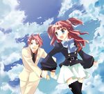  1girl armband bad_id bad_pixiv_id belt blue_eyes blush brother_and_sister brown_eyes cloud day frills hair_bobbles hair_ornament happy ico_(pekoguest) jacket necktie red_hair ribbon siblings sky smile thighhighs twintails umineko_no_naku_koro_ni ushiromiya_ange ushiromiya_battler zettai_ryouiki 