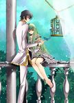  1girl anklet barefoot bird bird_on_hand birdcage brown_hair bush c.c. cage code_geass column dress feet formal green_hair jewelry lelouch_lamperouge long_hair looking_back meimi_k pillar purple_eyes railing sitting suit tree yellow_eyes 