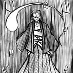  greyscale japanese_clothes konpaku_youki male_focus monochrome open_clothes open_shirt rain shirt solo touhou 