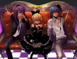  black_dress blonde_hair blue_eyes blue_hair chain couch crossdressing dress elbow_gloves flower from_above gloves hair_ribbon hat imitation_black_(vocaloid) kagamine_len kaito kamui_gakupo long_hair male_focus mini_hat mini_top_hat multiple_boys nou_(brain-m) otoko_no_ko ponytail purple_hair ribbon rose smile thighhighs top_hat vocaloid 