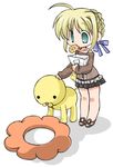  ahoge artist_request artoria_pendragon_(all) bag blonde_hair bow chibi fate/stay_night fate_(series) food green_eyes hair_ribbon lion lowres mister_donut pon_de_lion ribbon saber solo 