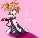  bad_id bad_pixiv_id bat_wings character_name demon_girl disgaea earrings elbow_gloves etna flat_chest gloves highres jewelry kneeling miniskirt navel pointy_ears red_eyes red_hair shamo_(koumakantv) skirt solo tail thighhighs twintails wings 