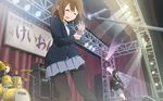  akiyama_mio bad_id bad_pixiv_id blazer brown_eyes brown_hair castanets drum drum_set guitar hirasawa_yui instrument jacket k-on! microphone microphone_stand mousou_(mousou_temporary) multiple_girls official_style pantyhose school_uniform short_hair stage tainaka_ritsu un_tan 