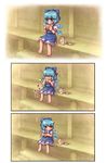  1girl blue_hair bow cirno comic eating food hair_bow hamburger messy sankuma short_hair silent_comic sitting touhou translated wings 