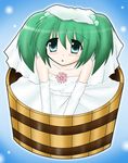  bad_id bad_pixiv_id bare_shoulders bride bucket dress elbow_gloves flower gloves green_eyes green_hair hair_bobbles hair_ornament in_bucket in_container kisume ryutotoranoikkiuchi solo touhou wedding_dress wooden_bucket 