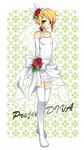  alternate_hairstyle arms_behind_back bare_shoulders blush boots dress flower headset kagamine_rin project_diva project_diva_(series) smile solo tamura_hiro thigh_boots thighhighs vocaloid wedding_dress zettai_ryouiki 