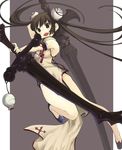  aki_(mare_desiderii) bare_shoulders black_hair bun_cover china_dress chinese_clothes double_bun dress dual_wielding earrings holding jewelry long_hair original smile solo sword weapon 