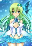  breasts bug butterfly cleavage cleavage_cutout daive green_hair hair_ornament highres insect kochiya_sanae long_hair medium_breasts miniskirt skirt solo touhou 