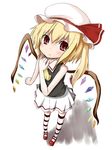  :&lt; alternate_color bad_id bad_pixiv_id blonde_hair blush child flandre_scarlet hat mary_janes mixer_(pixiv) one_side_up red_eyes shoes solo striped striped_legwear thighhighs touhou wings zettai_ryouiki 