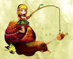  blonde_hair boned_meat dress fishing_rod food glasses gloves meat original red_eyes riding snail solo thighhighs upon_thou_fair_cat 